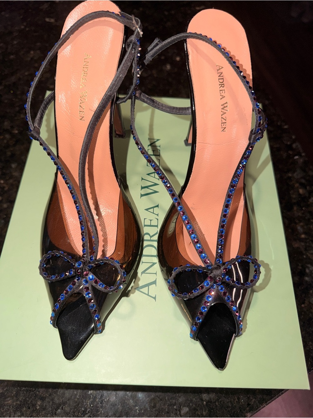 Andrea Wazen Black Patent Slingback Heels with Blue Crystal Bow